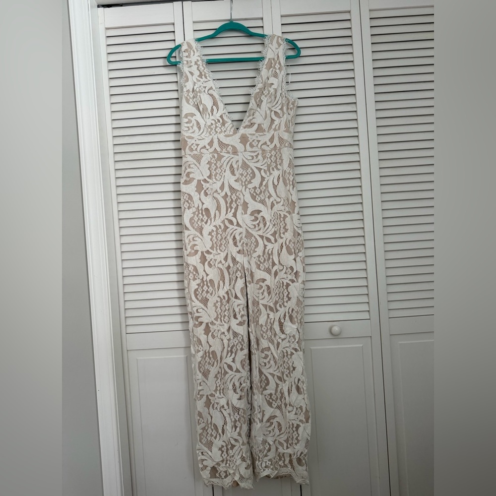 Lulu's Floral Lace Jumpsuit in Cream and Tan